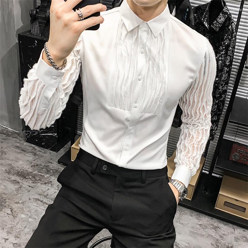 

Men's Casual Shirts 2023 Style Male Spring Slim Hollow Out Design Business Shirts/ Men High Quality Lapel Long Sleeve White Black
