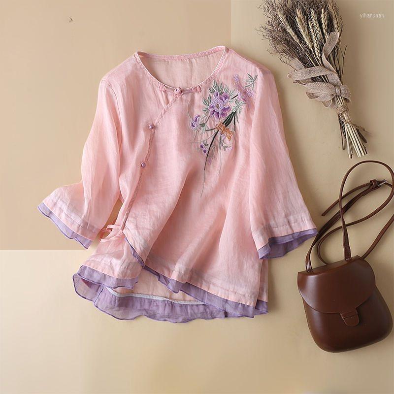 

Women's Blouses Summer Woman Shirt Vintage Floral Print Tops Female O-Neck Chic Loose Cotton Linen Thin Half Sleeve Shirts Blouse G79, Maben