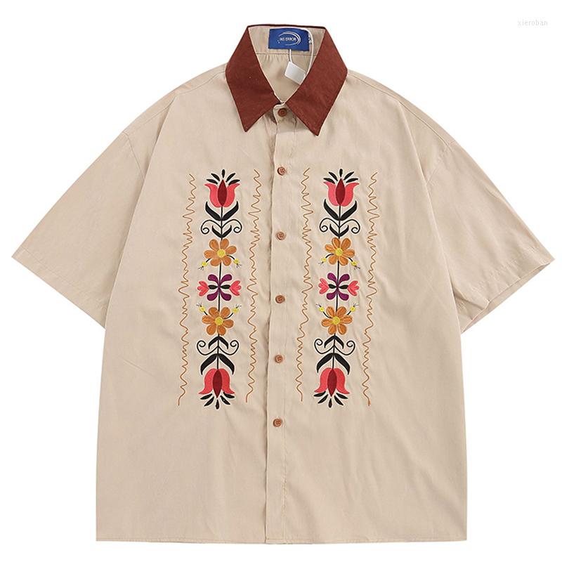 

Men's Casual Shirts Japanese Retro Small Flower Embroiderey Shirt For Men Short Sleeve Coats Summer Fashion Hip Hop Cotton Loose Jacket, Khaki