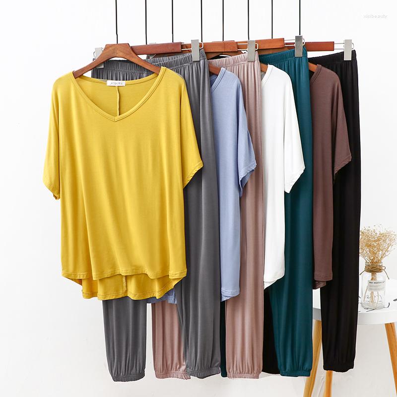 

Women's Two Piece Pants 2023 Summer Women's Cool Loose Modal Cotton Fashion Suit Ladies Thin V-Neck T-Shirt Sports And Leisure Long, D1673 brown black