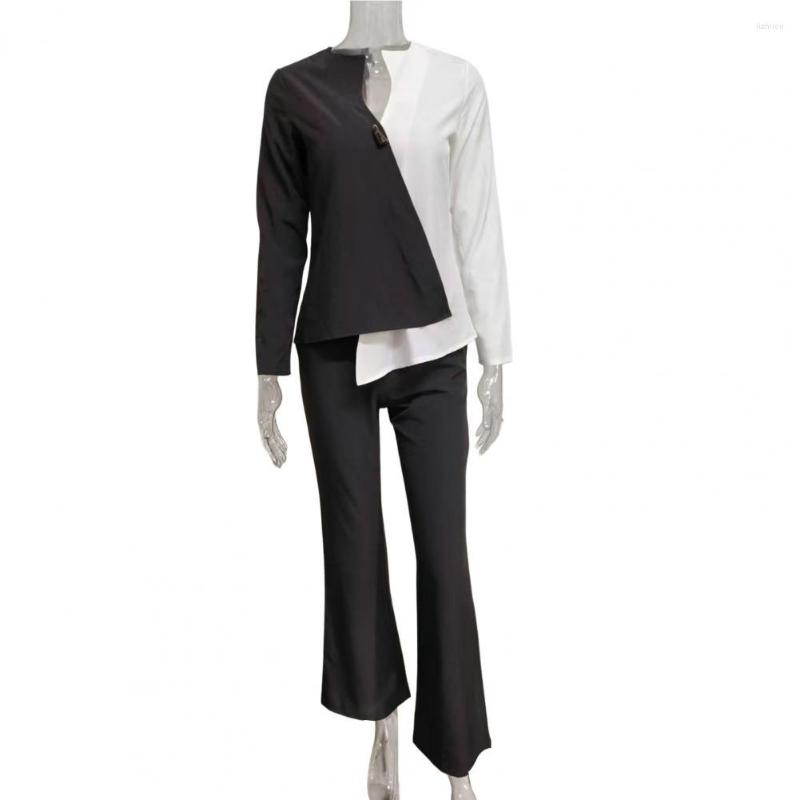 

Women' Two Piece Pants Wide Leg 2 Pcs/Set Chic Temperament Lady Shirt Set Mid Length Top Women Long Sleeves Garment, Black