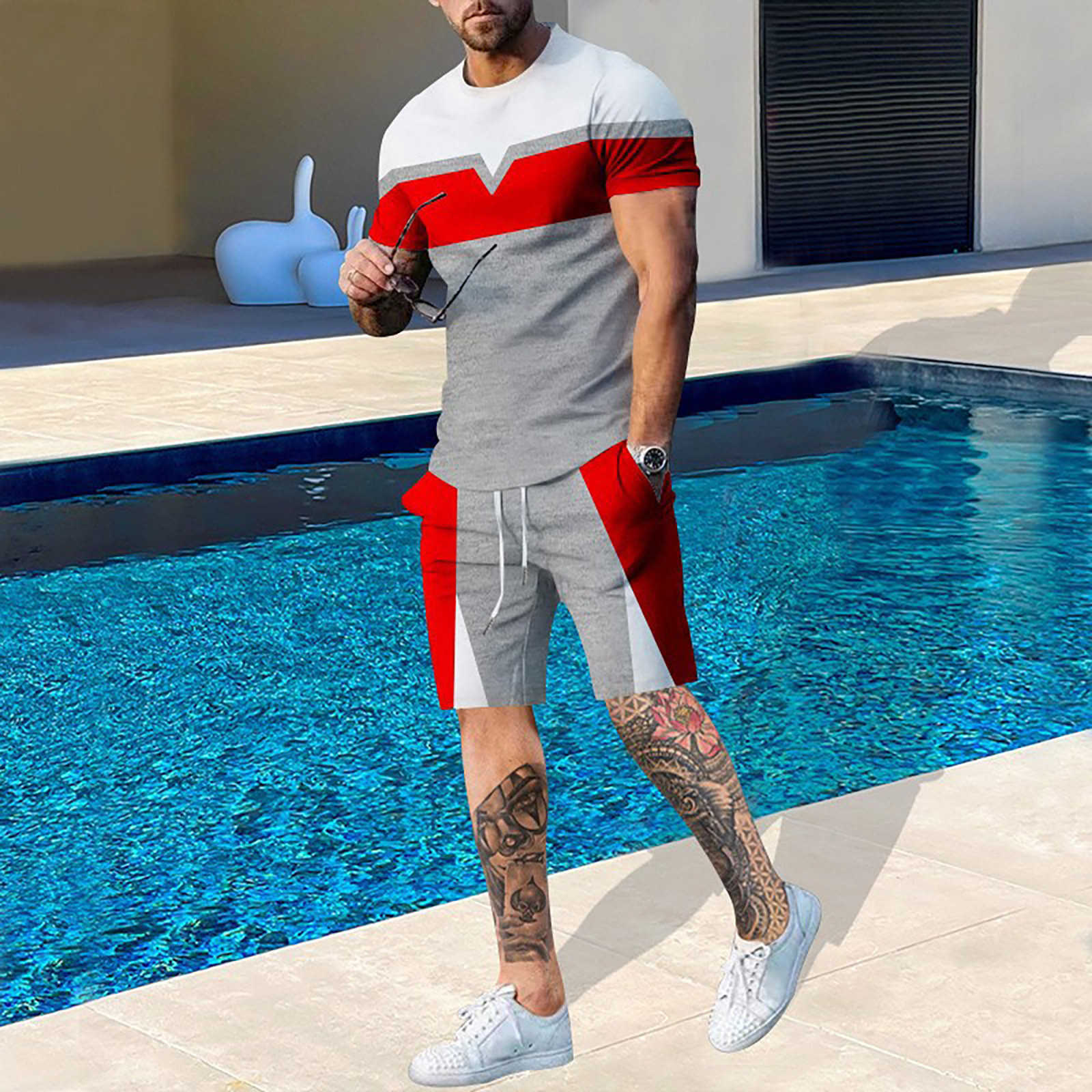 

2023 Tracksuits Men's 3d Short Sleeve Suit Shorts Beach Tropical Suit Outfits for Men Boys Satin Formal Vest Set Suit for Men Slim Fit, Black