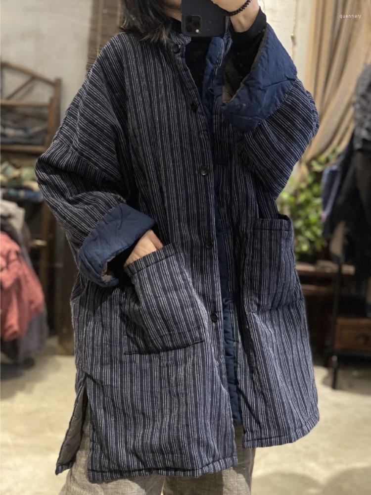 

Women's Trench Coats QPFJQD Female Retro Linen Striped Tops Warm Button Winter Spring Full Sleeve Women Pockets Loose Parkas 2023 Stand, Blue