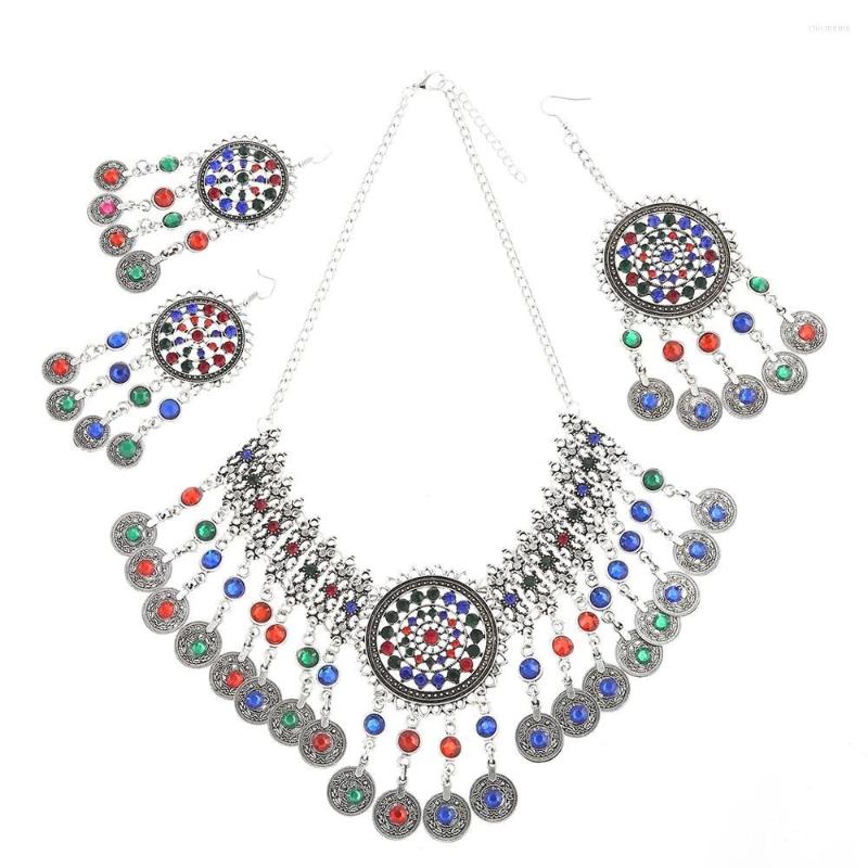 

Necklace Earrings Set Fashion Afghan Color Coin Tassel Bib Statement & Earring Sets For Women Turkish Gypsy Rhinestone Party Jewelry, Picture shown