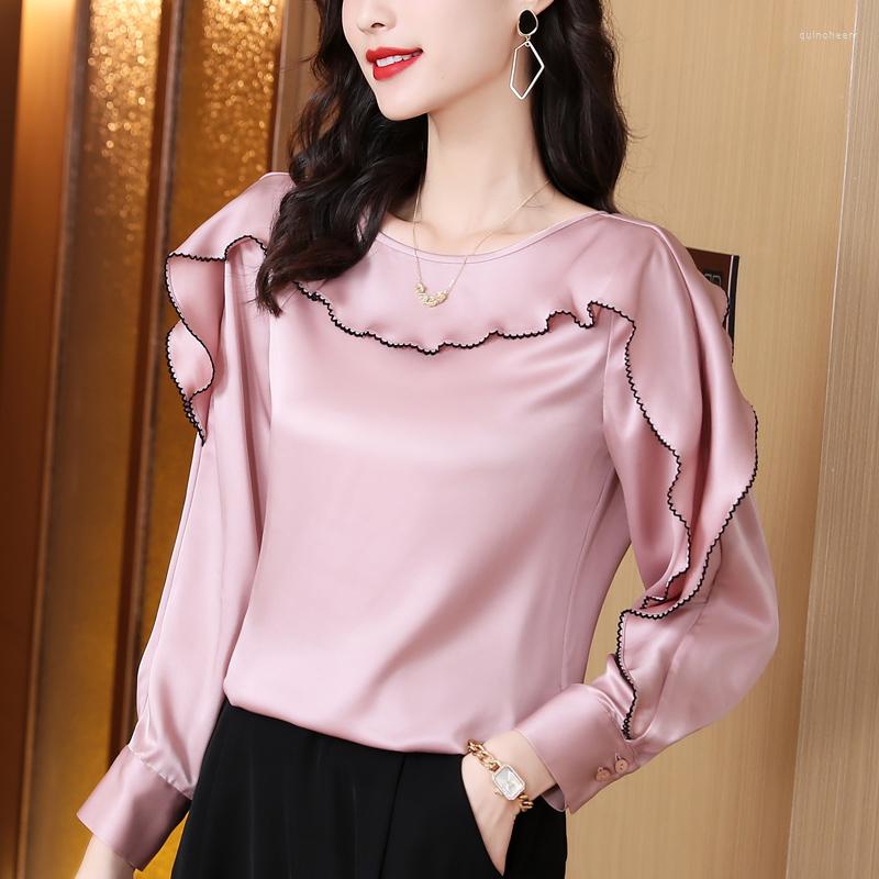 

Women' Blouses 2023 Elegant Pink Acetate Solid Blouse Women Ruffled Long Sleeve O-neck Age-reducing Shirt Female Casual All-match Commute