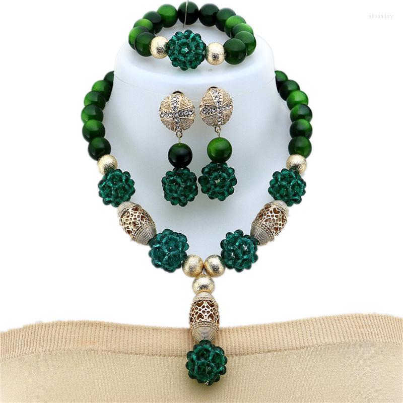 

Necklace Earrings Set African Women's Jewelry Artificial Glass Crystal Beads Nigerian Bracelets Three-Piece Sets For Wedding Bridal, Picture shown