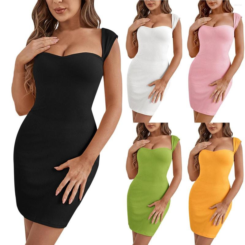 

Casual Dresses Womens Square Neck Sleeveless Bodycon Dress Ribbed Slim Fit Ruched Stretchy Party Club Short Mini Robe Vintage Ruffles Sexy, Black