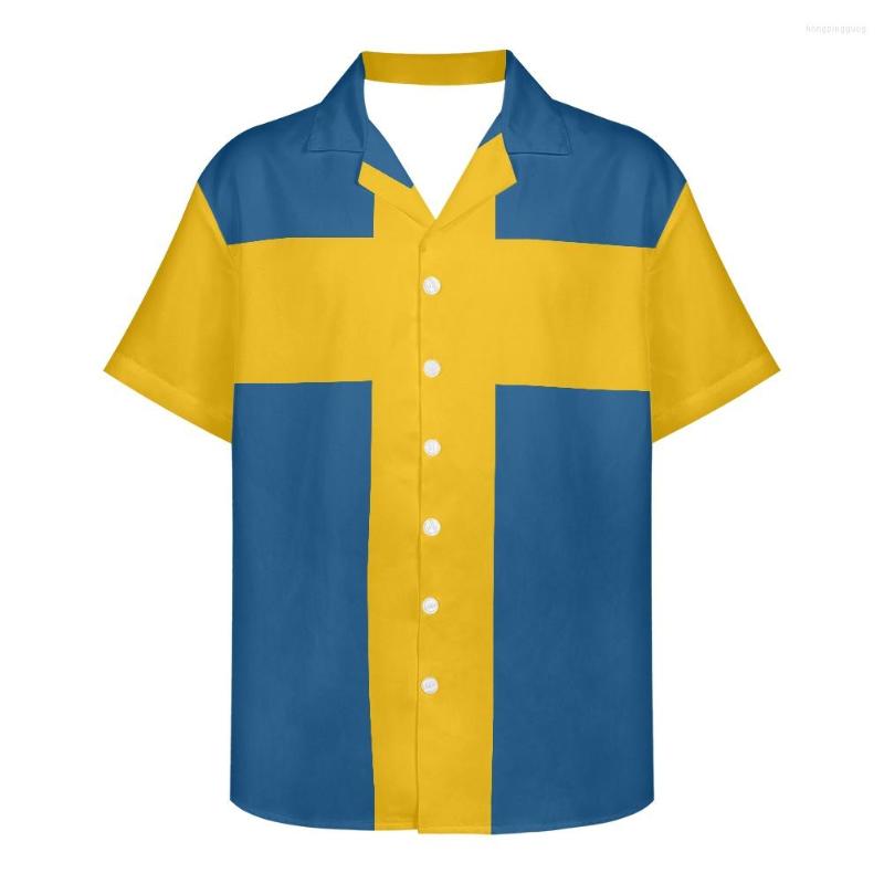 

Men's Casual Shirts Sweden Flag Design Pattern Summer Vintage Fashion Short Sleeve Hawaii For Men Camisa Masculina Holiday Party, Custom f16