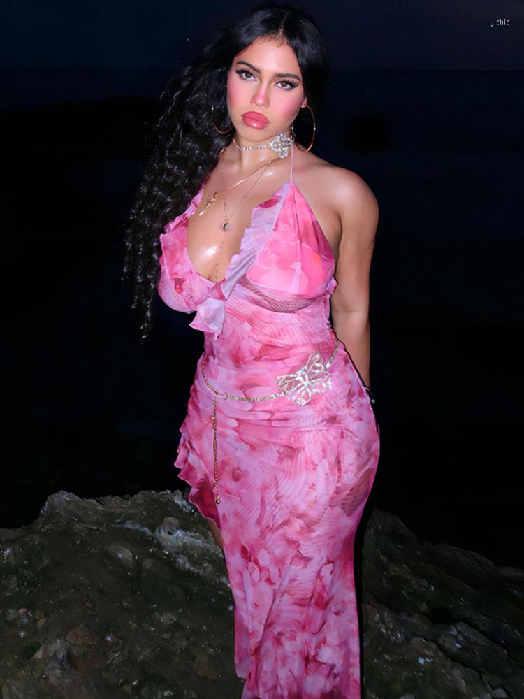 

Casual Dresses Tossy Printed Ruffled Lace-Up Midi Dress Female Mesh Patchwork Backless Elegant Party Slim Fashion V-Neck Sexy Tulle Skirt, Rose red