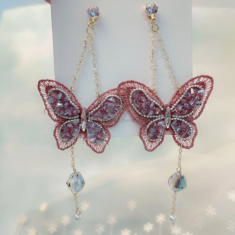 

Dangle Earrings MWSONYA Korean Fashion Embroidery Purple Crystal Butterfly For Women Pearl Tassel Pendientes Holiday Gifts