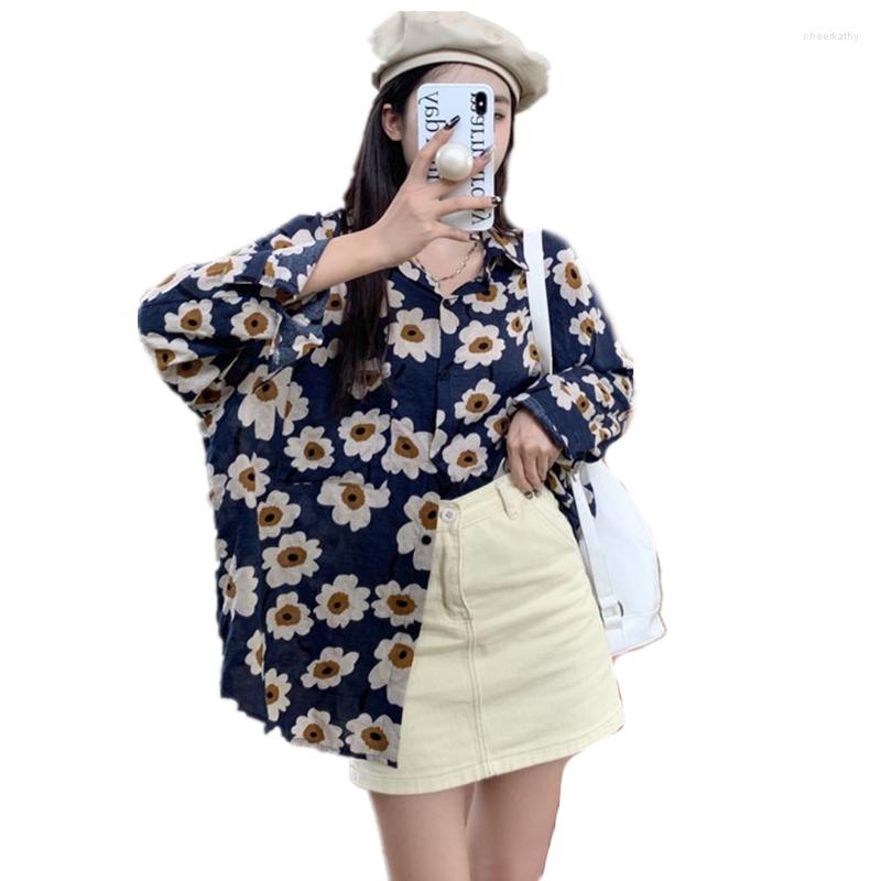 

Women's Blouses Women Shirts Flower Printed Loose Summer Top Long Sleeve Harajuku Streetwear Students Vintage Retro Femme Shirt, 23 pink