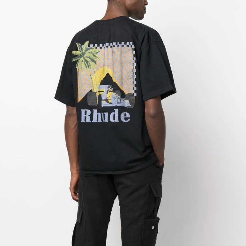 

Designer Fashion Clothing Tees Hip hop TShirts Rhude Moonlight Tropic Racing Print men Couples Pure Cotton T-shirt Streetwear Loose Sportswear Loose Streetwear, Black