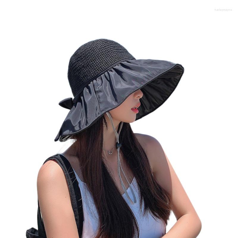 

Wide Brim Hats Women's Knitted Hollow Out Straw Sunhat Bow Decor Large Sunscreen Elegant Bucket Hat Beach Visor, Black