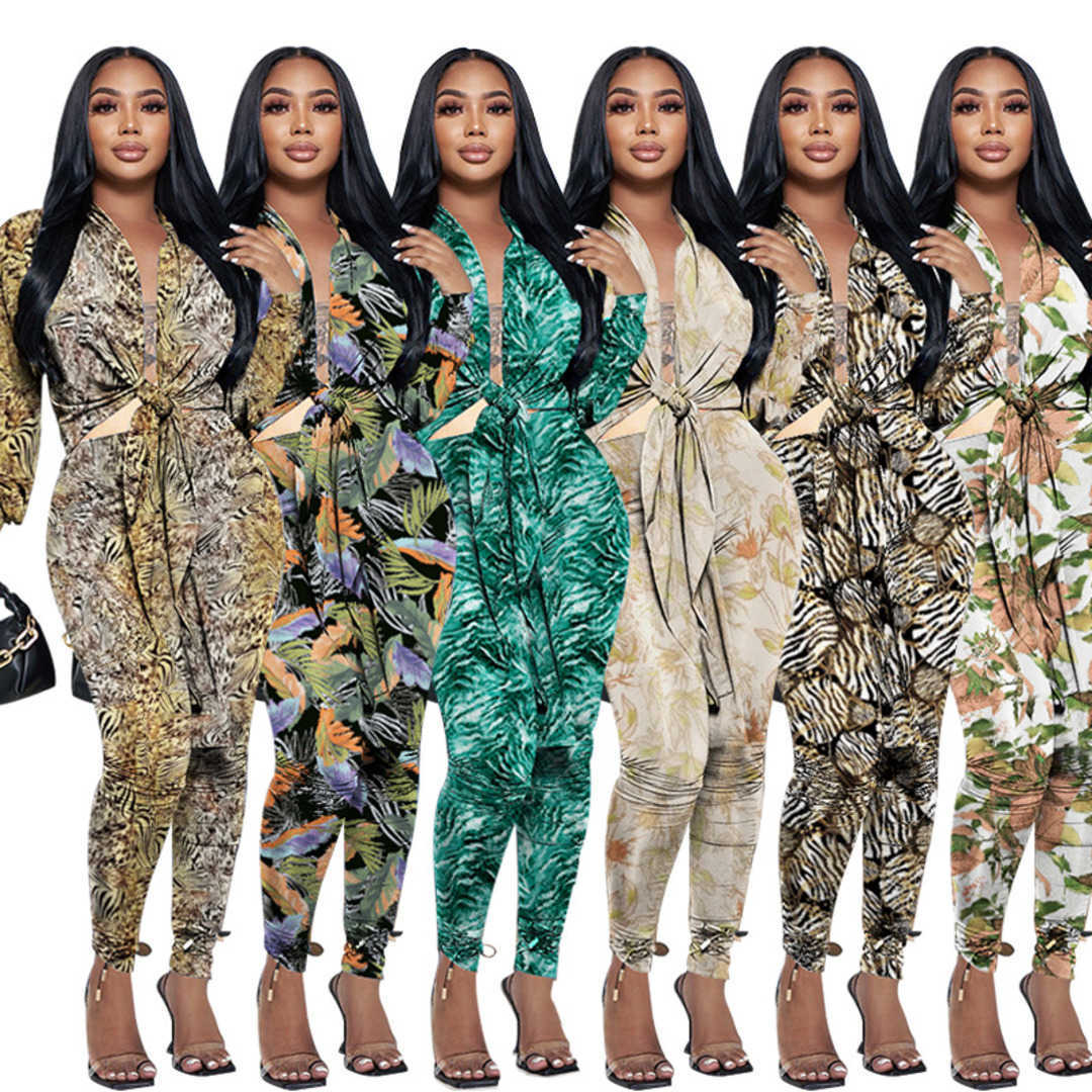 

2023 Women's New Printed Cardigan Tie Long Sleeve Two Piece Fashion Casual Tight Pants Set, Mix color