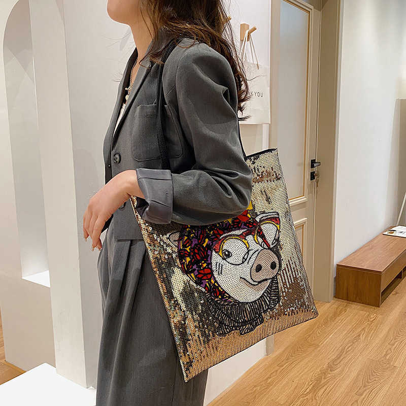 

Shoulder Bags Large Capacity Bag for Women s 2023 New Niche Design Sequin One Shoulder Portable Tote 230420, Pighead gold