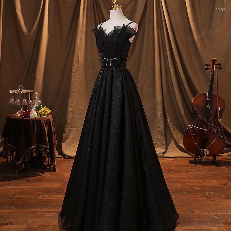 

Runway Dresses Black Shiny Bridesmaid Dress Spaghetti Strap Backless A-Line Sleeveless Wedding Pageant Formal Party Princess Evening Prom