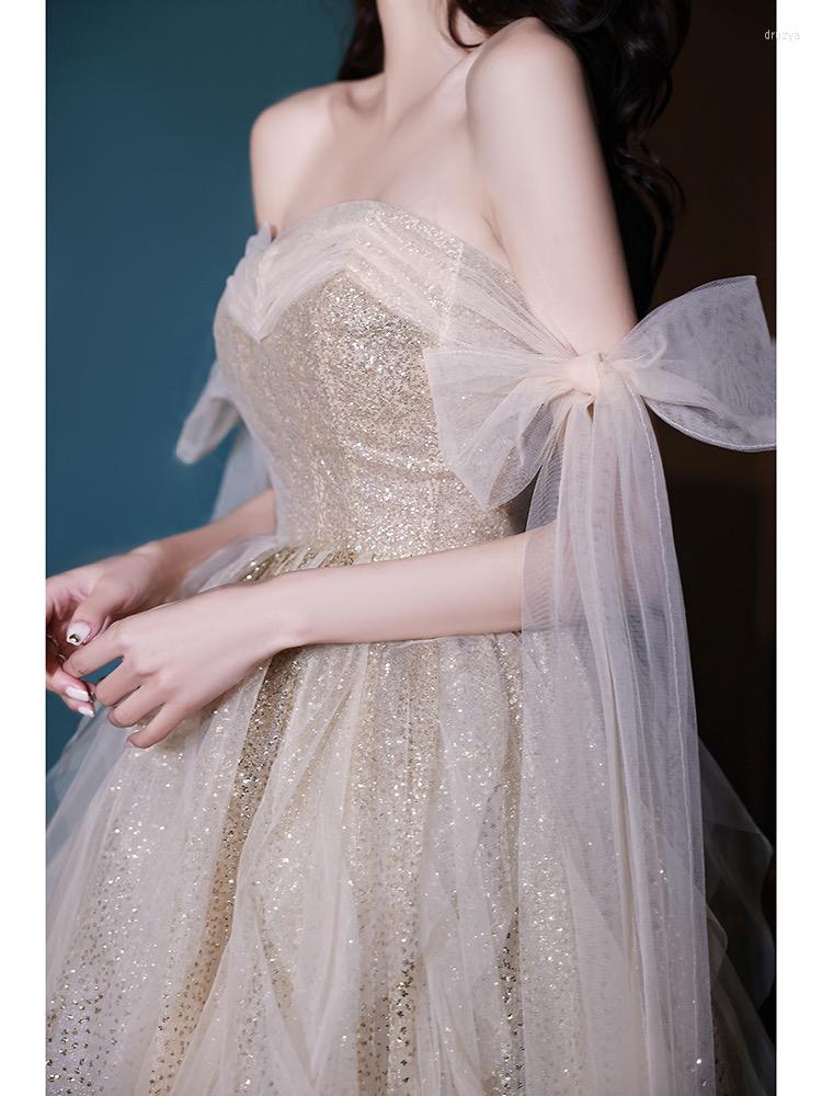 

Runway Dresses Light Champagne Celebrity Off Shoulder A-Line Sequin Floor Tiered Pleat Wedding Party Prom Evening Bridesmaid Dress, Picture color