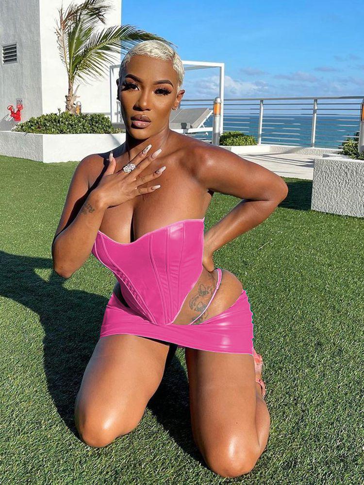 

Dress year 2022 Sexy Pu Leather Two Piece Set Backless Tube Crop Top Cut Out Mini Skirts Club Dresses for Women Summer Rave Outfit, Light blue