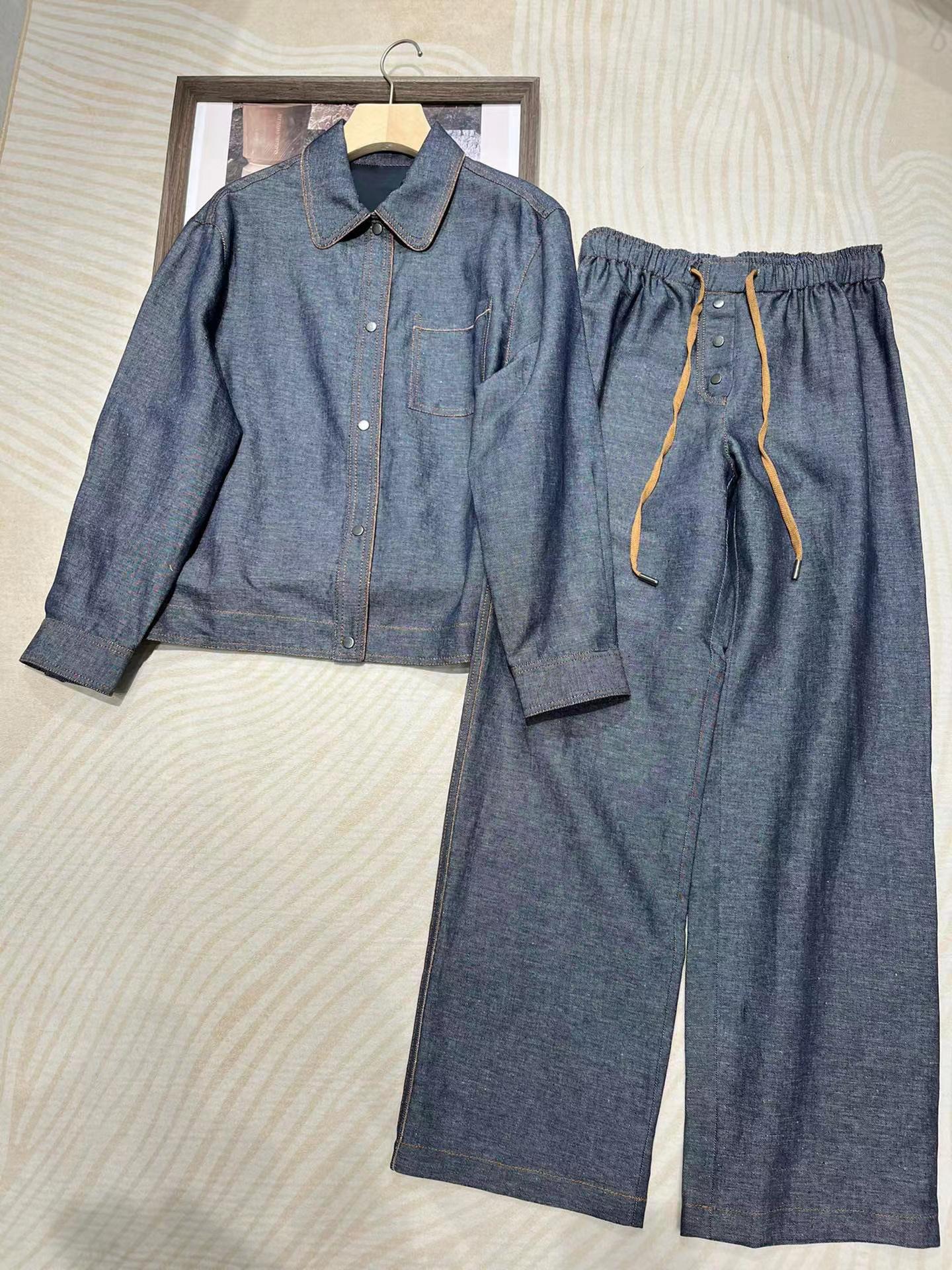

Pants 2022 Autumn Spring Loose Fit Casual Style 100% Linen Pants Suit, Navy