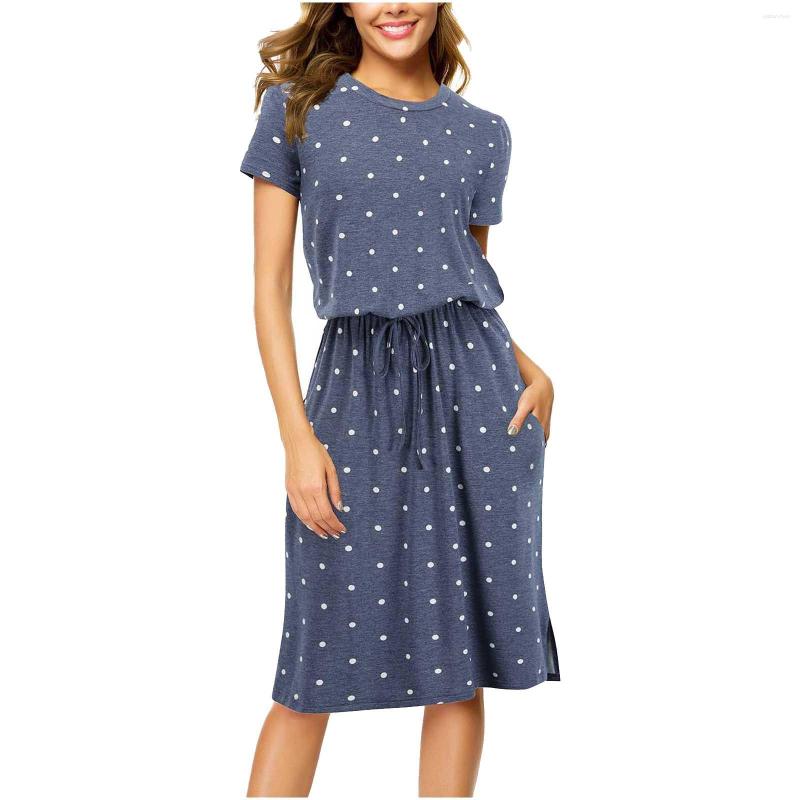 

Casual Dresses Women Round Neck Adjustable Waist Mid Length Wave Dot Pocket, Green