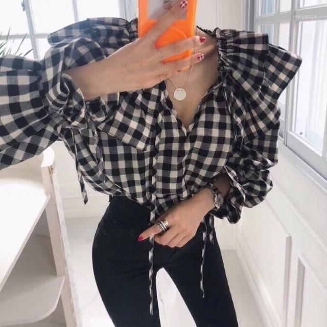 

Women's T Shirts Korean Lantern Sleeve Drawstring Lace-up Plaid Shirt Women's Spring Vintage Loose Peplum Edge Top Tide, Black