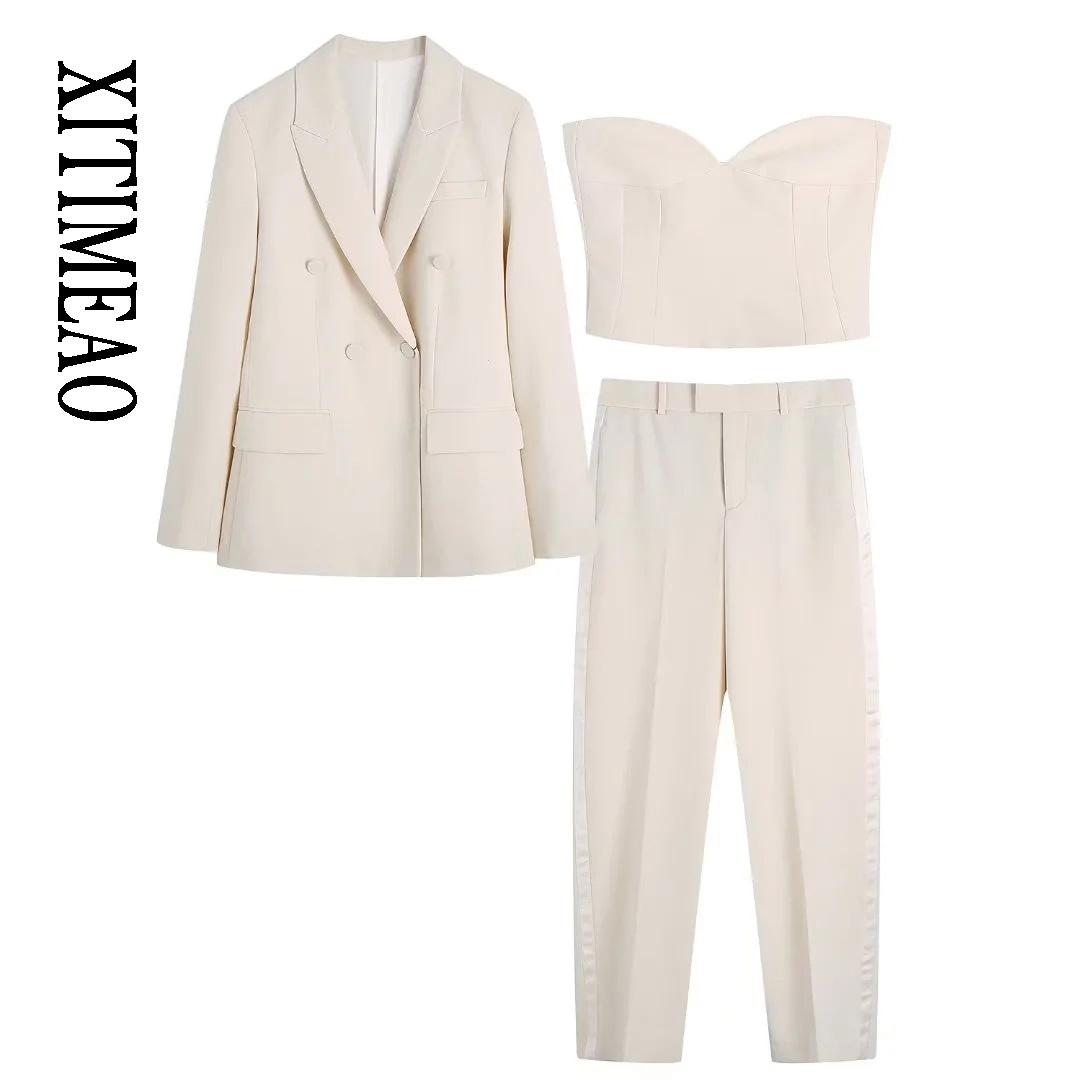 

Pants XITIMEAO WOMEN FASHION FITTED DOUBLE BREASTED BLAZER COAT VINTAGE LONG SLEEVE FLAP POCKETS FEMALE OUTERWEAR CHIC VESTE FEMME, White coat