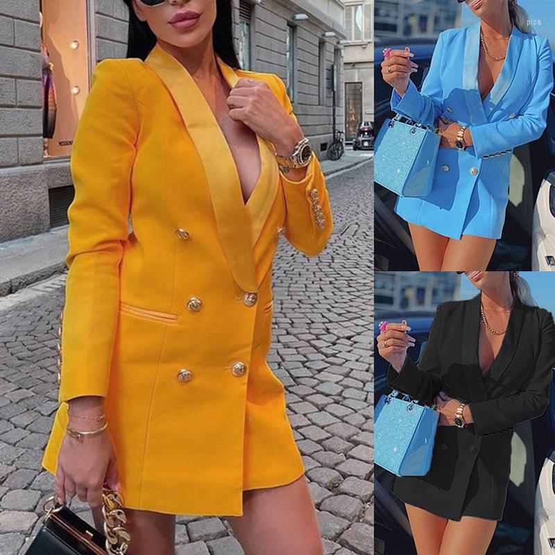 

Women's Suits High Quality Autumn Women's Blazer Jacket 2023 Yellow Blue Casual Long Sleeve Women Sexy Dress Chic Office Ladies Outfits