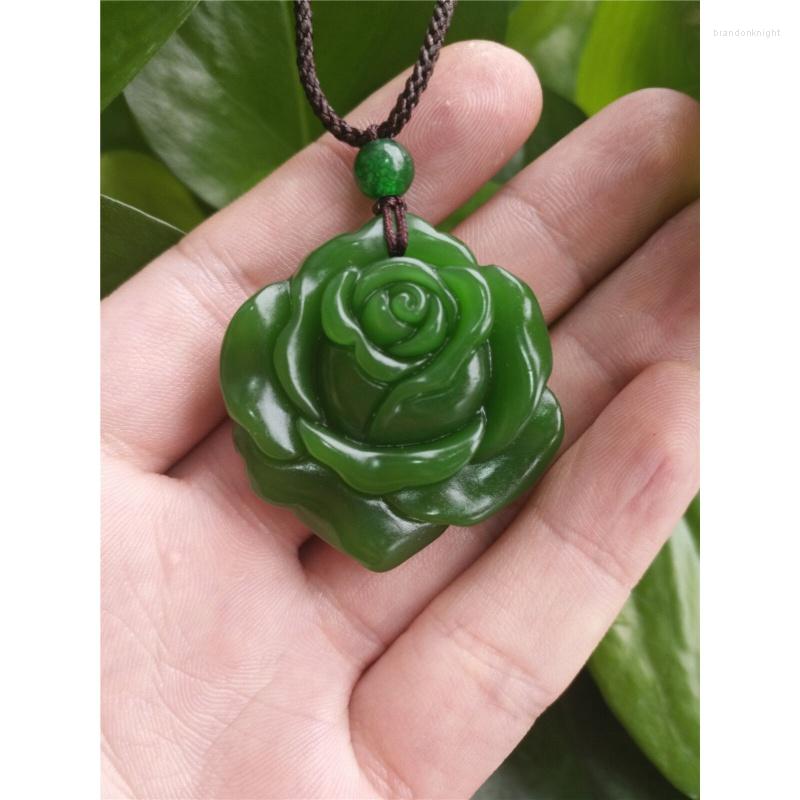 

Pendant Necklaces Fashion Natural Green Jade Rose Nelace Hand-Carved Luy Amulet
