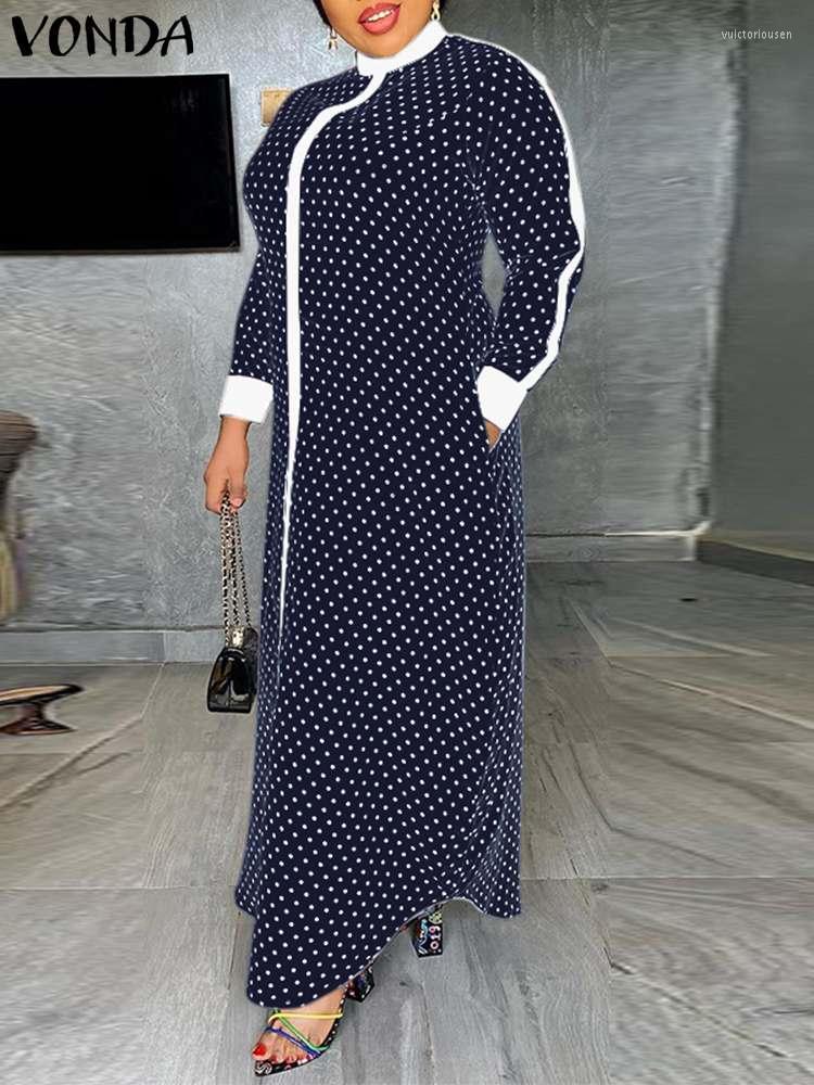 

Plus Size Dresses 5XL VONDA Summer 2023 Bohemian Polka Dots Maxi Dress Women Long Sleeve Patchwork Satin Vestido O-Neck Parchwork Robe, White