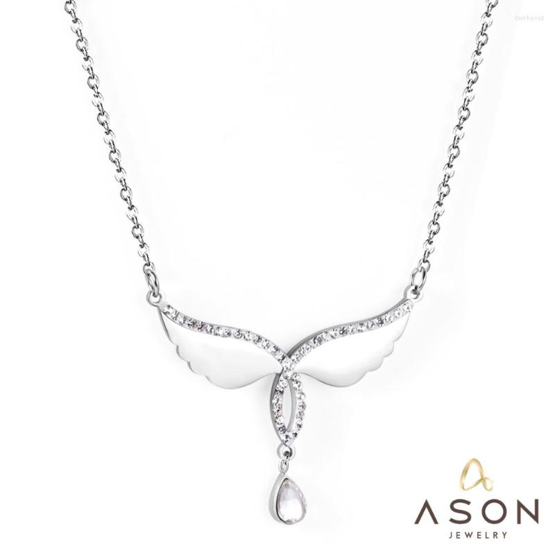 

Chains ASONSTEEL Fashion Silver Color Wing Pendant Necklace With Cubic Zirconia Stainless Steel Choker For Women Party Gift Jewelry