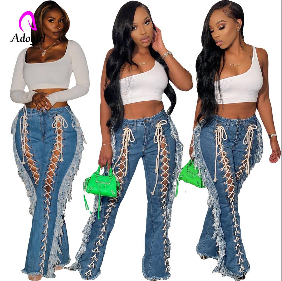 

Jeans Distressed Women Jeans Zipper Fly Tassel High Waist Flare Bottom 2022 Summer Workout Activewear Ripped Hole Denim Pants Trousers, Blue