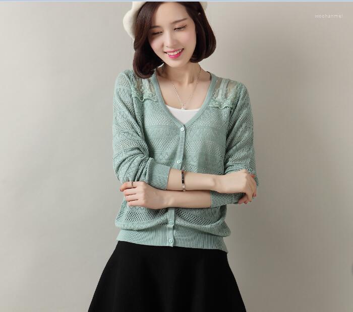 

Women' Knits Summer Women' Thin Knitwear Elegant Hollow Out Cardigan Ladies Lace Patchwork Knit Outwear Single Breasted Sweater Shirts, Green
