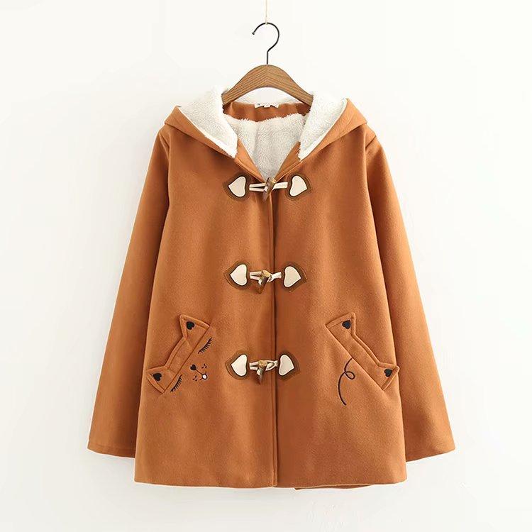 

Fur 2020 Cow Horn Buckles Coats Women Autumn Winter Long Woolen Coat Hooded Student Kawaii Sweet Coat with Fleece, Khaki