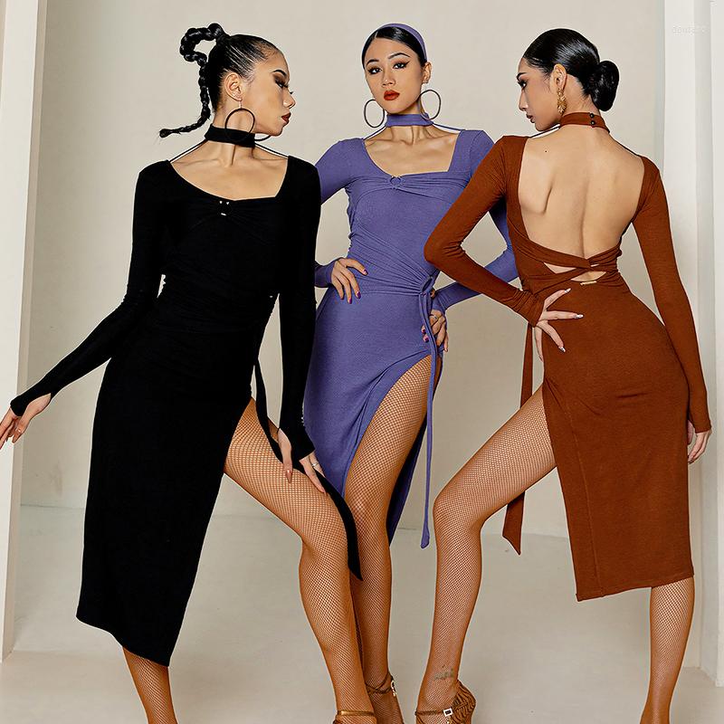 

Stage Wear 2023 Latin Dance Dress Women Sexy Performance Costume Slit Long Sleeves Practice Rumba Tango Ballroom BL9520, Brown dress