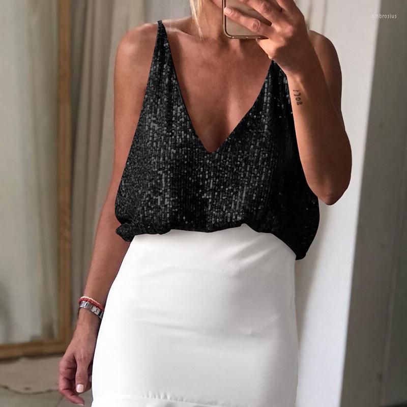 

Women's Tanks Shiny Sequins Fashion V-Neck Strap Blouses Sexy Club Hollow Out Sleeveless Tank Tops Lady Loose High Street Solid Vest, 03 apricot