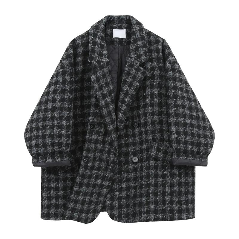 

Fur Houndstooth Woolen Coat Women's Autumn and Winter 2022 New Quilted Thickened Korean Version Loose Midlength Woolen Coat Commute, Black and white