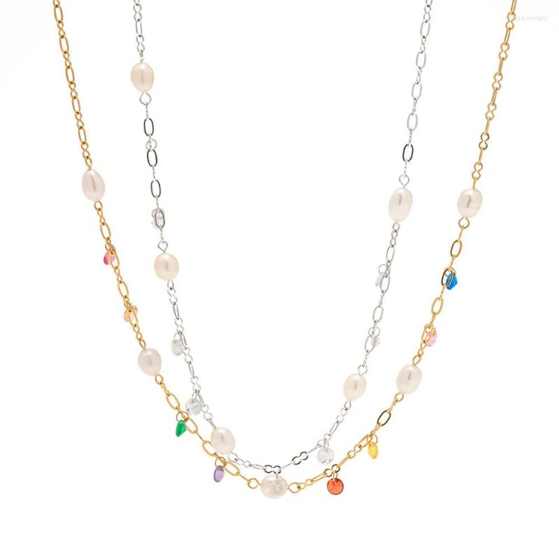 

Choker Minar Chic Multicolor CZ Cubic Zirconia Freshwater Pearl Tassel Charm Necklaces Women 18K Gold PVD Plated Titanium Steel