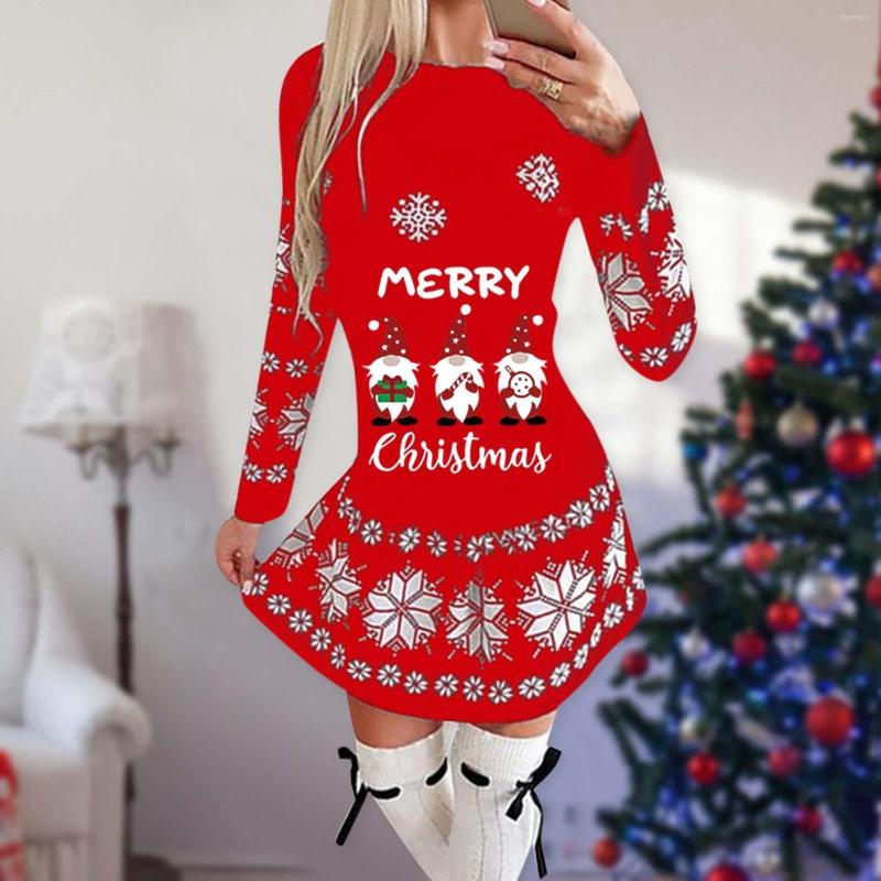 

Casual Dresses 2023 Year Women Vintage Party Dress Oversized Christmas Snowflake Elk Print Ladies Long Sleeve Loose, Black