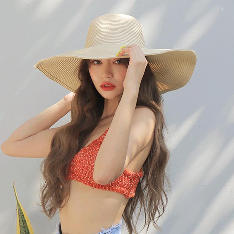 

Wide Brim Hats Summer Foldable Large Sunshade Hat High Quality Trendy Straw Female Travel Versatile Beach UV Protection Cap, Red