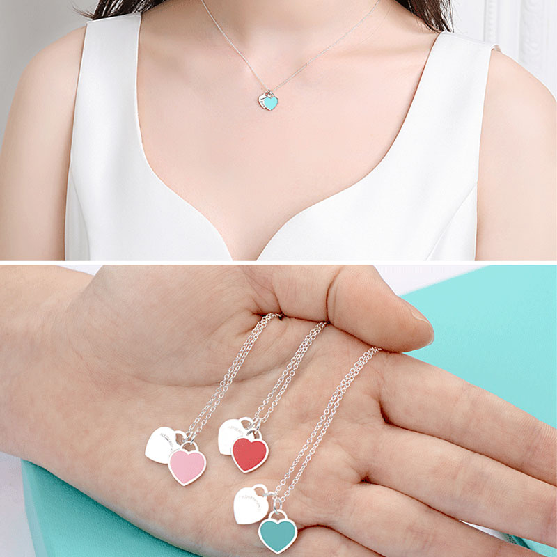 

NEW 100% 925 Sterling Silver love Necklace Pendant 2 Hearts necklace Designer Bead Chain Rose Gold And Gold Luxurious For Women Fashion Jewelry Original blue box Gift
