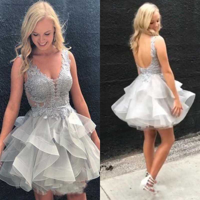 

Party Dresses Silver Mini Homecoming Dress 2023 Lace Appliques A-Line V-Neck Sleeveless Tulle Short Prom Gown Above Knee BacklessParty, Red