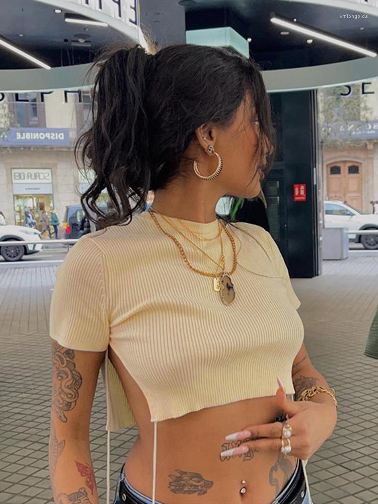 

Women' T Shirts 2023 Trendy Sexy Side Split Tie Up Rib Crop Top Summer Women Solid Short Sleeve O Neck Slim T-shirt Exposed Navel Tee, Apricot