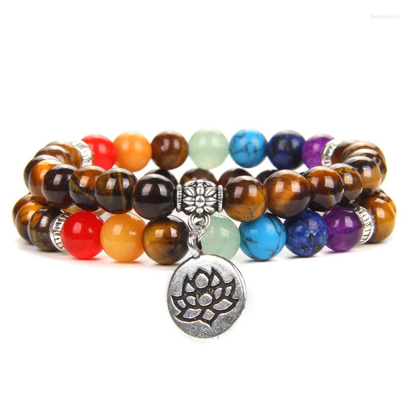 

Strand 2pcs/set 7 Chakra Buddha Bracelet Tiger Eye Stone Healing Yoga Lotus Charm Bracelets For Women Men Energy Jewlery
