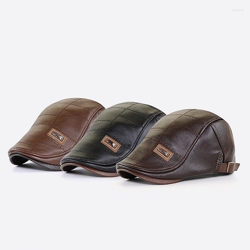 

Berets Trendy Leather Beret Men's Outdoor Hat Winter Warm Ear Protection Cap PU Dad Christmas Gift, Brown