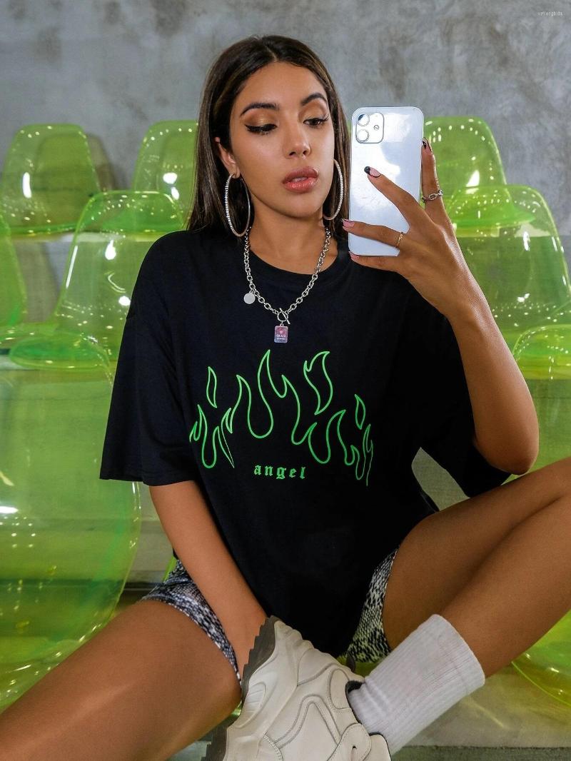 

Women' T Shirts Angel Fire Printed Cotton Short Sleeve For Women Creativity Street All-math Tops Breathable Oversize Clothing Womans, Black