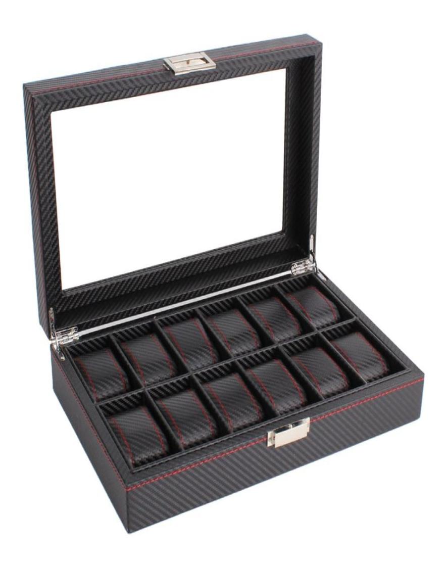 

OUTAD 12 Slots Carbon Fiber Watch Box Jewelry Watch Display Storage Holder Rectangle Black Leather Case9902380