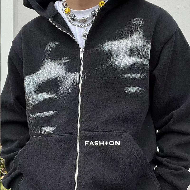 

Men's Hoodies Zip Hoodie Men Women Y2K Clothing Fashion Goth Black Face Print Long Sleeve Sweatshirt Oversized Tops