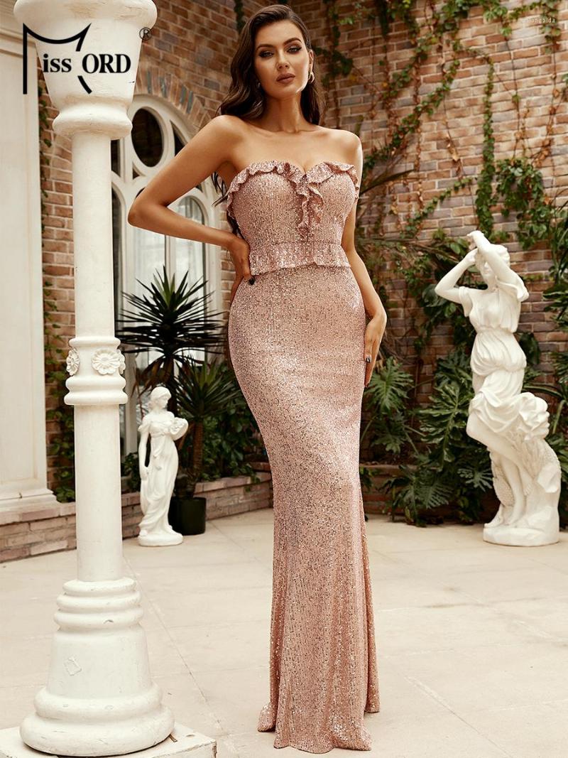 

Casual Dresses Missord Trending Ruffle Strapless Slim Party Dress Banquet Wedding Women' Elegant Sequin Maxi Evening, Gold