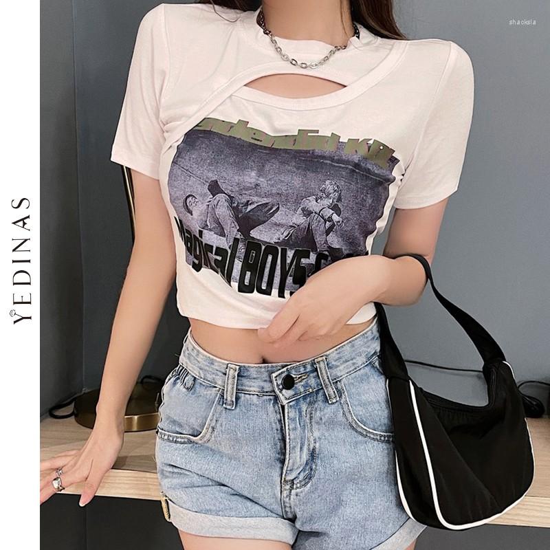 

Women's T Shirts Yedinas Sexy Slim Hollow Out Crop Top Short Sleeve T-shirt Women Letter Print Irregular Design Korean Tee Patchwork, White