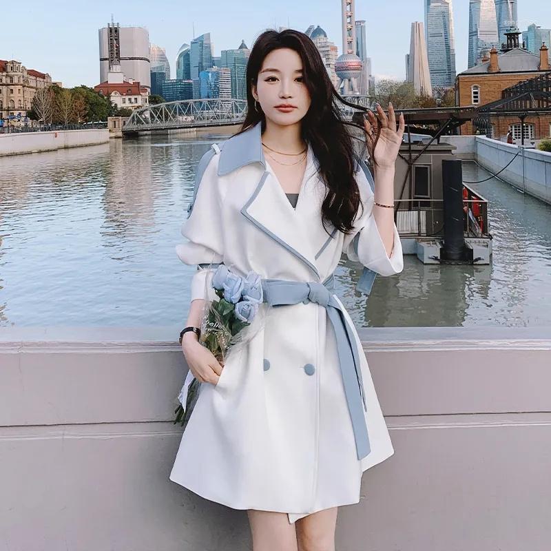 

Women' Trench Coats Temperament Sweet Color Matching Waist Belt Windbreaker Jacket Female 2023 Spring Age-Reducing Gentle Wind Medium Long, Light blue
